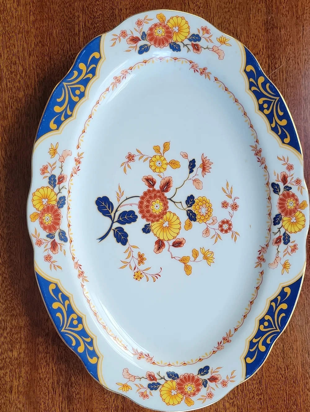 Vintage Floral Porcelain Serving Platter in Blue, Yellow and Orange
